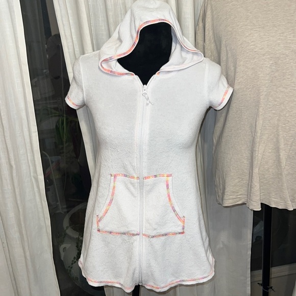 wonder nation Other - White terry cloth swimsuit cover hooded towel bath coverup neon threading M 7/8‌